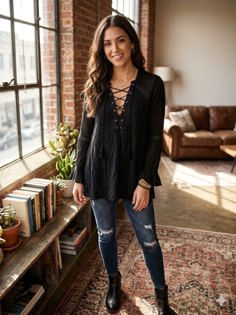 Flying Tomato Black Lace-Up Peasant Tunic